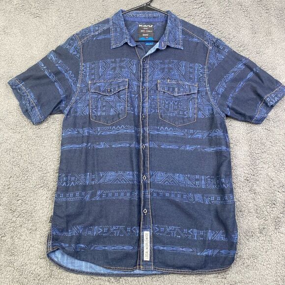 KAVU Men’s Shirt Casual Button Up Blue Aztec Print Size M Western Flap Pocket - Picture 1 of 9